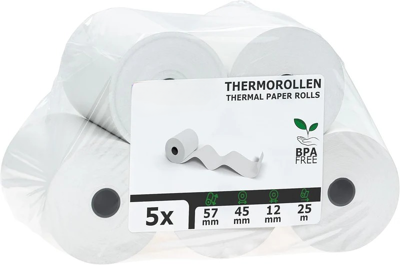 5x BPA-freie Thermorollen 57x45mm, 12mm Kern, 25m