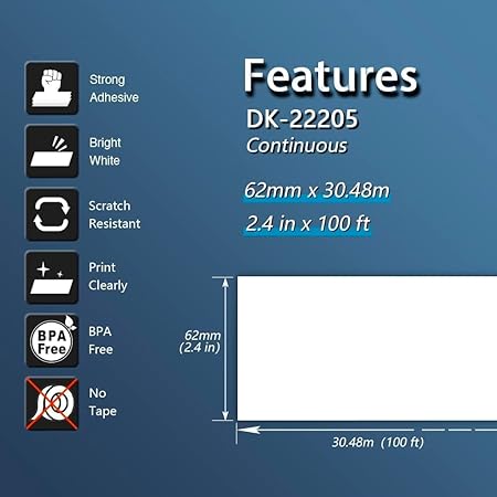 10 Rollen Endlosetiketten DK-22205 kompatibel mit Brother Etikettendruckern, weiße selbstklebende Papieretiketten auf Rollenhalter