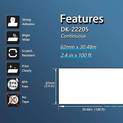 10 Rollen Endlosetiketten DK-22205 kompatibel mit Brother Etikettendruckern, weiße selbstklebende Papieretiketten auf Rollenhalter