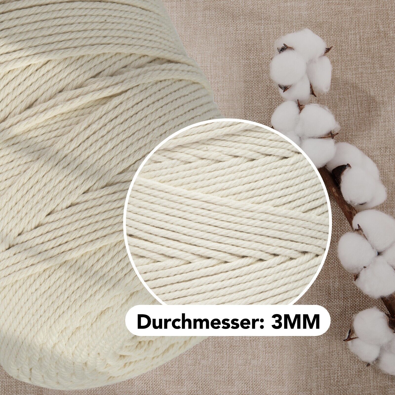 Makramee Garn Baumwolle Schnur zum - 3mm×300 m - Faden - 100% natürliche Baumwolle