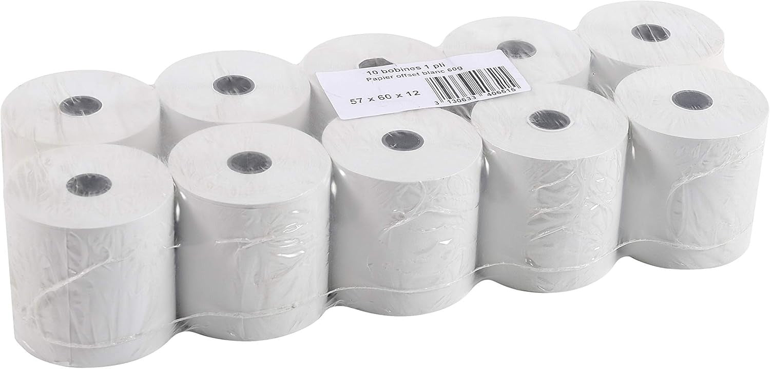 10er-Pack Kassenrollen 57mm x 30m, 12mm Kern, 60g/m² extra-weiß, holzfrei
