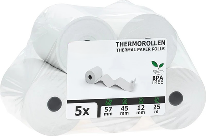 5x BPA-freie Thermorollen 57x45mm, 12mm Kern, 25m