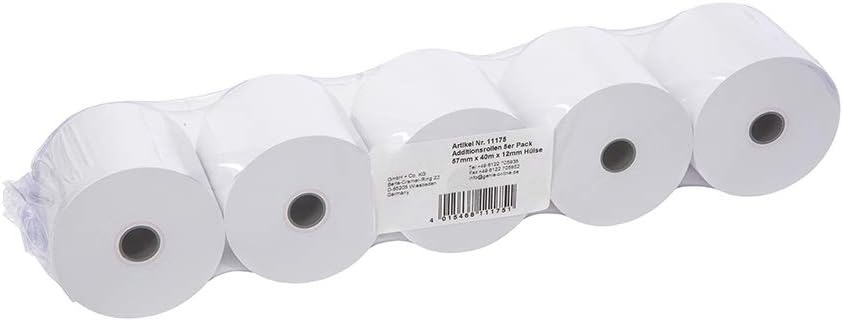 5er-Pack Additionsrollen 57mm x 40m, 12mm Hülse – holzfrei, weiß
