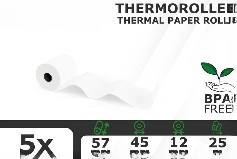 5x BPA-freie Thermorollen 57x45mm, 12mm Kern, 25m