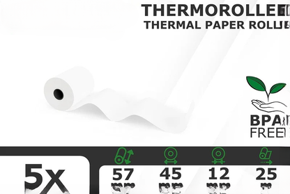 5x BPA-freie Thermorollen 57x45mm, 12mm Kern, 25m