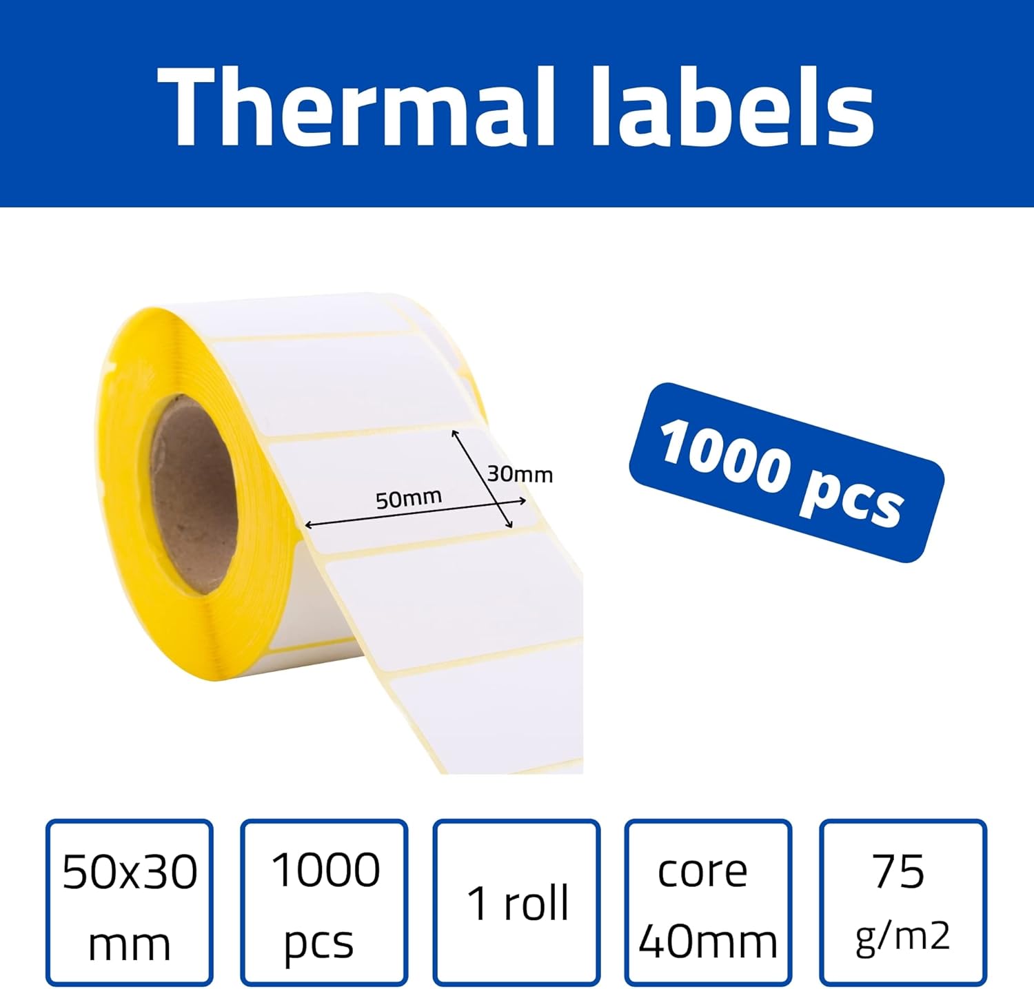 Thermo-Etiketten 50x30mm, 1000/Rolle – weiß, permanent, Zebra/Brother-kompatibel