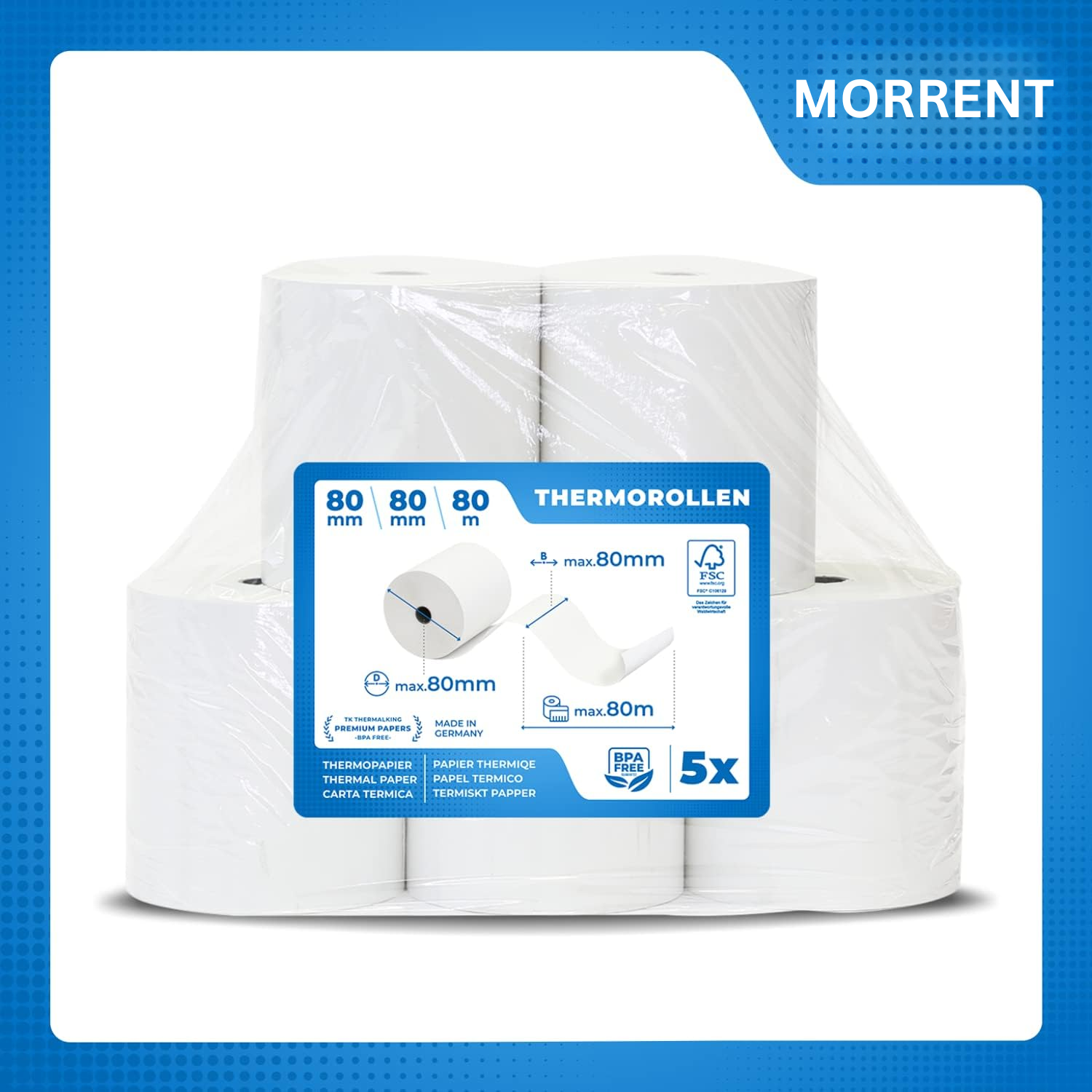 Thermorollen 80x80mm, 80m Länge, 5er Pack – BPA-frei."